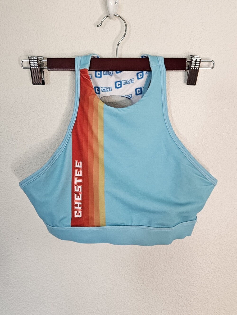 Chestee Sports Bra Aqua With Red Orange Stripes S